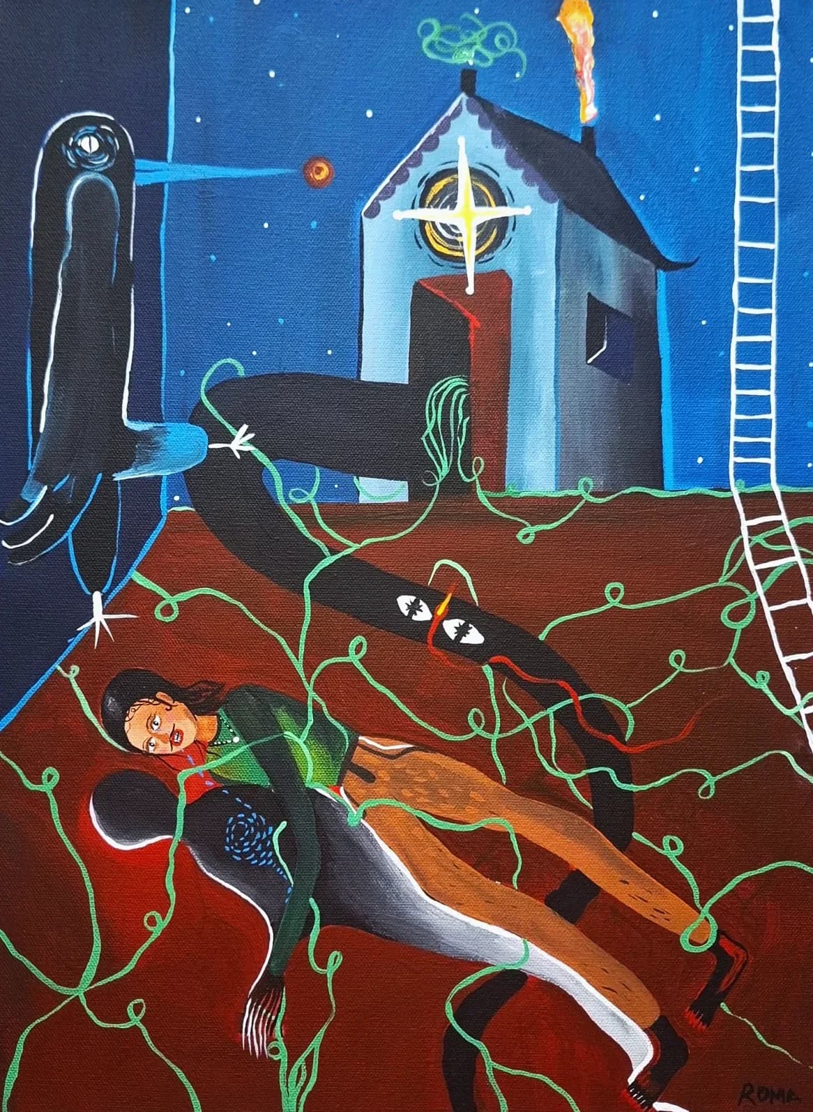 Casa azul con escalera bajo un cielo nocturno; figuras tendidas entre enredaderas rojas sobre tierra.