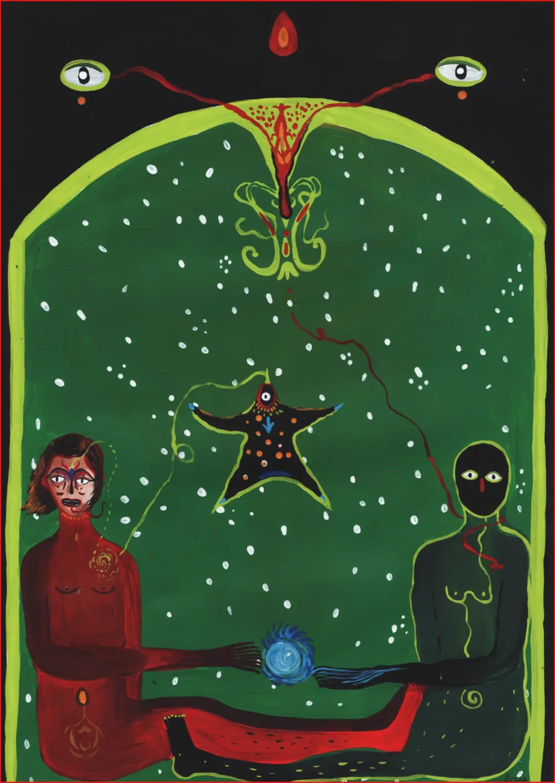 Dos figuras sentadas frente a frente en una mesa bajo un arco verde lleno de estrellas.