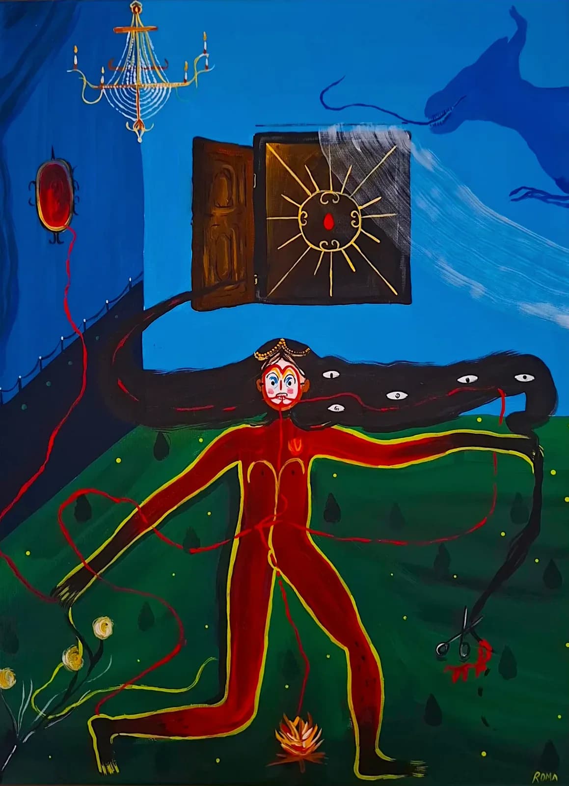 Figura roja con los brazos abiertos frente a una ventana abierta y un candelabro, sobre fondo azul.