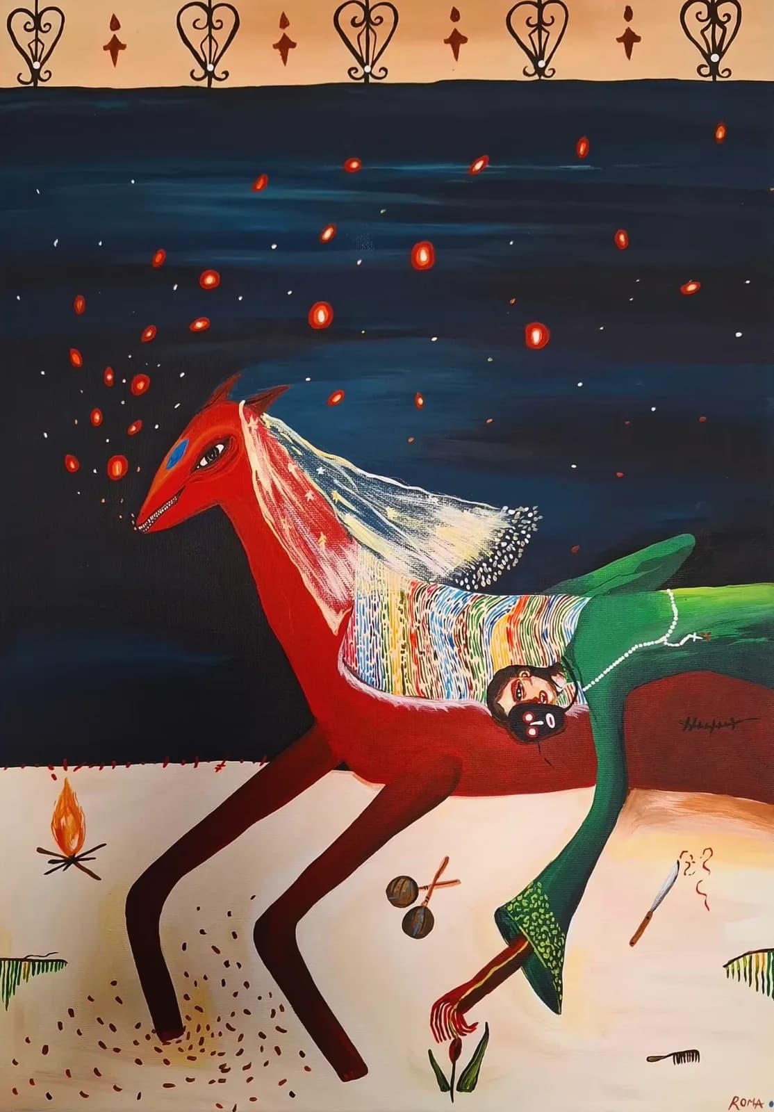 Caballo de colores con una jinete que cae, bajo un cielo nocturno lleno de chispas naranjas.