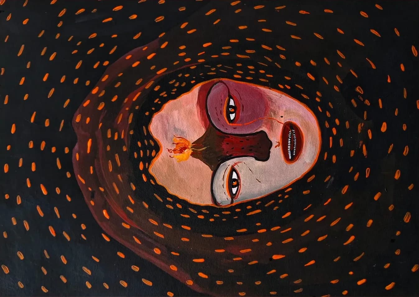 Rostro con los ojos abiertos en el centro de una espiral de puntos naranjas sobre negro.