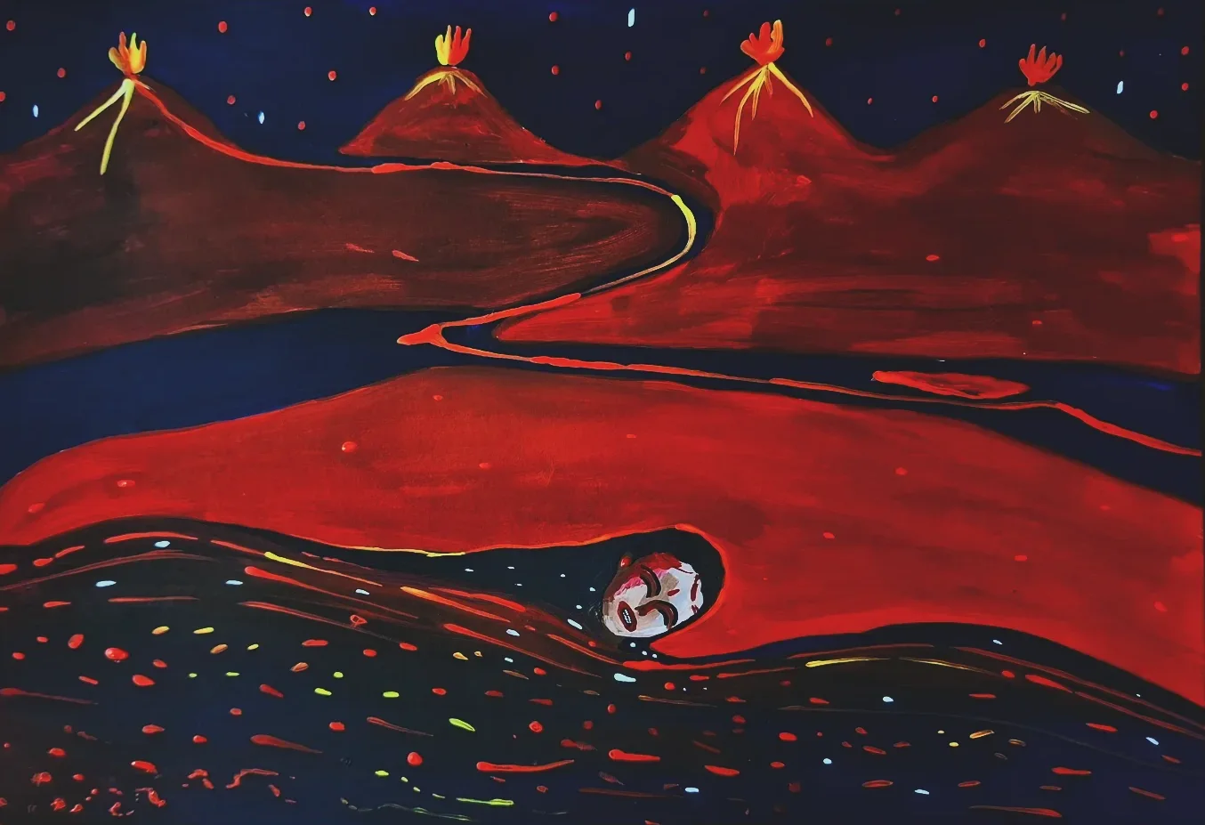Rostro que emerge de un río rojo entre volcanes, con puntos de luz en el agua.