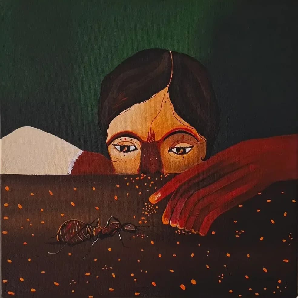 Rostro de mujer apoyado sobre una mesa oscura, con puntos naranjas, sobre fondo verde.
